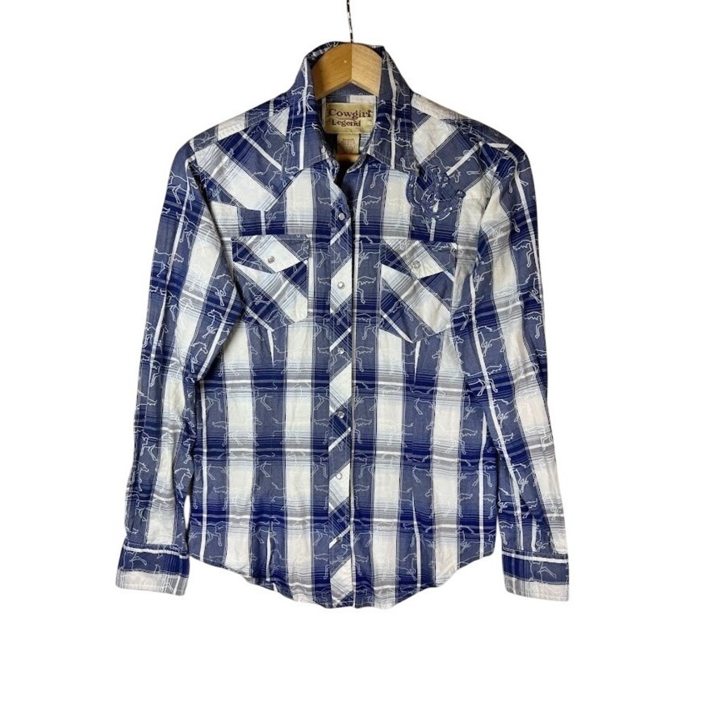 Western Snap Shirt Horse Print Plaid Rhinestone Horseshoe Cowgirl‎ Top Women M